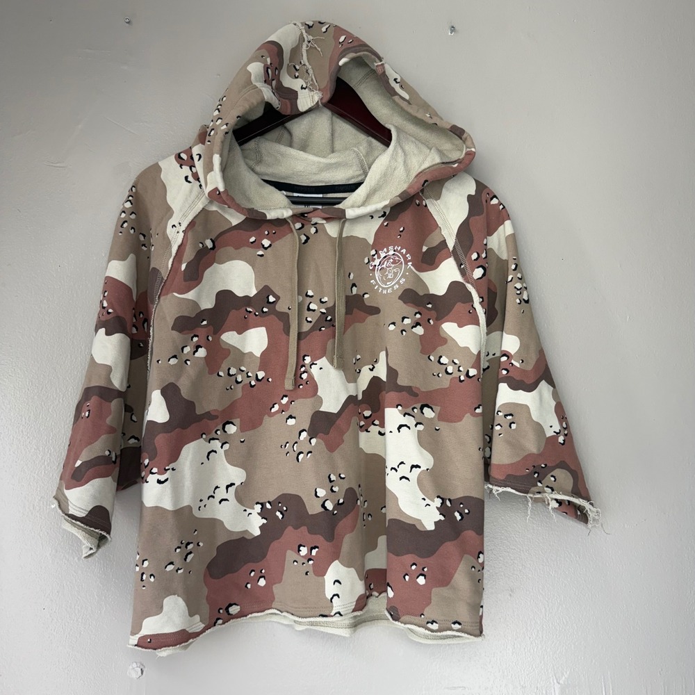 Gymshark Fitness Womens XXL Desert Camo Short Sleeve Raw Hem Hoodie A5A2W
